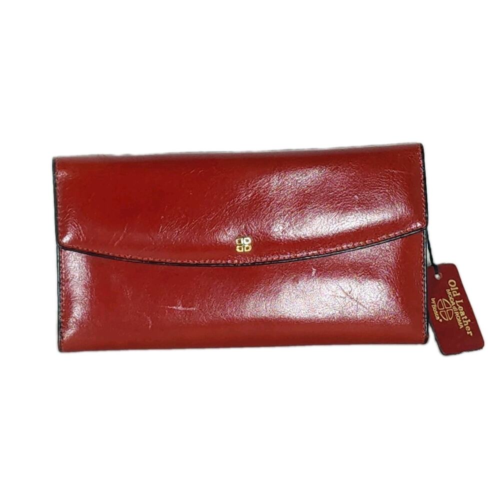 Bosca USA Vtg Red Leather Hand Stained Hide Trifold Checkbook Wallet Clutch Nwt